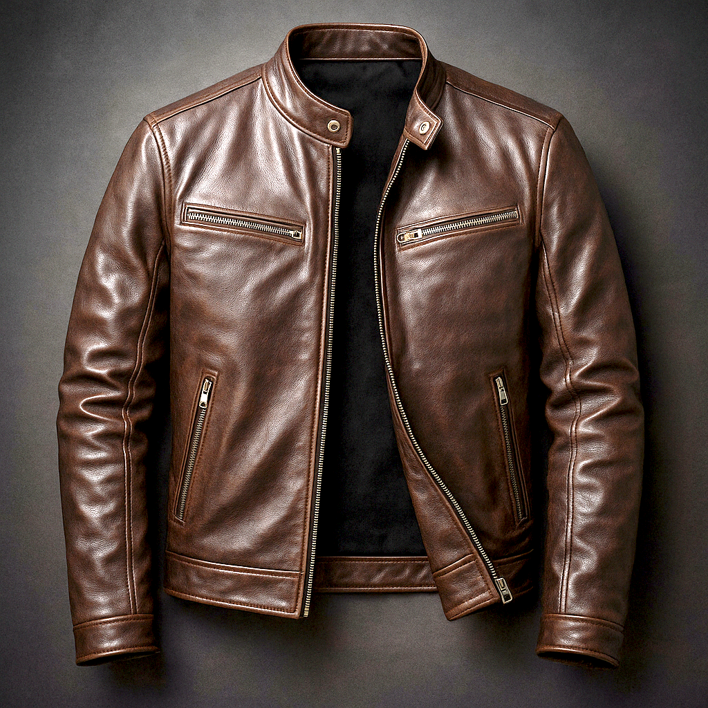 Men's Vintage Leather-Look Jacket with Four Pockets