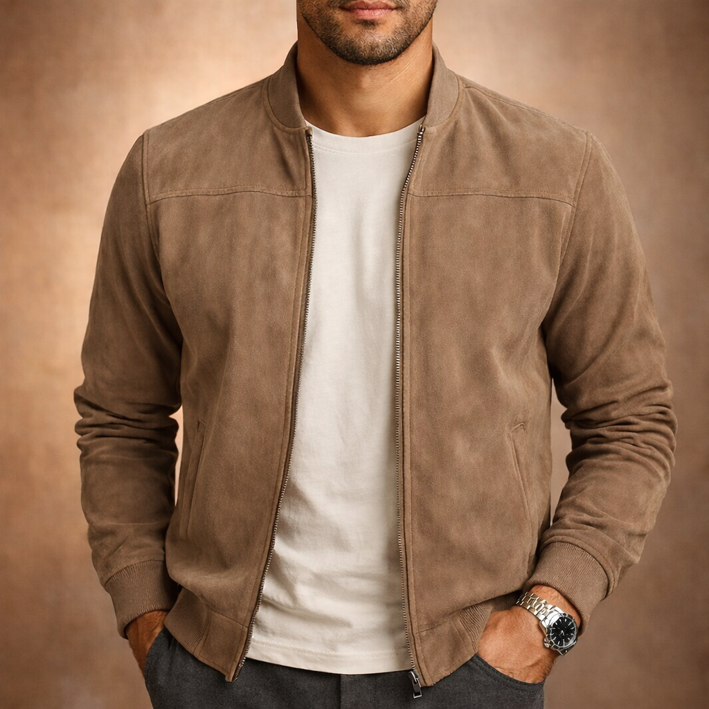 Men's Suede-Look Bomber Jacket – Lightweight Smart Casual