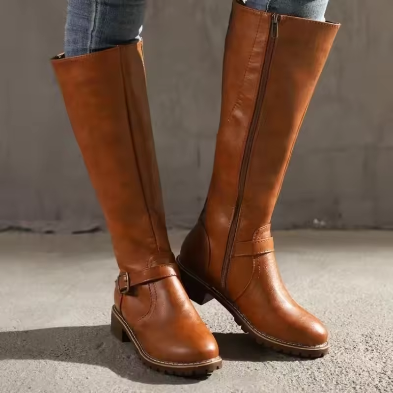 Classic Leather-Look Knee High Boots with Buckle Strap and Block Heel