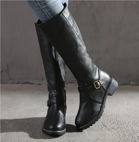 Classic Leather-Look Knee High Boots with Buckle Strap and Block Heel