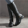Classic Leather-Look Knee High Boots with Buckle Strap and Block Heel