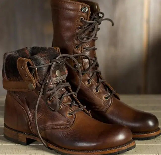 Dark Brown Leather-Look Lace-Up Combat Boots with Fold-Down Cuff