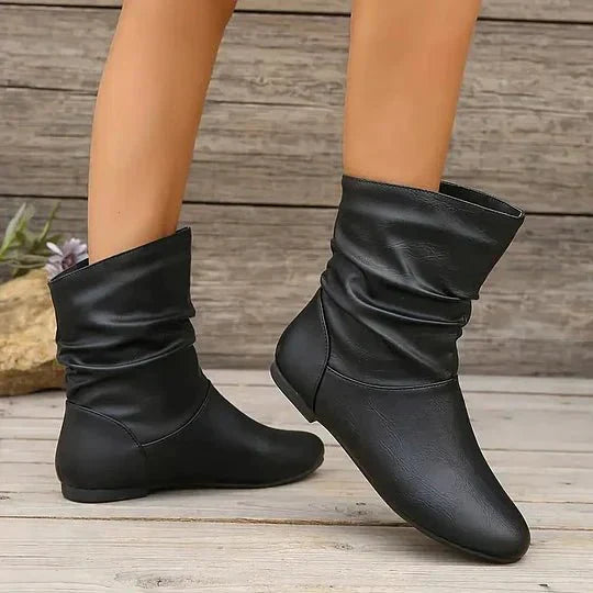 Flat Leather-Look Ankle Boots with Slouch Detail