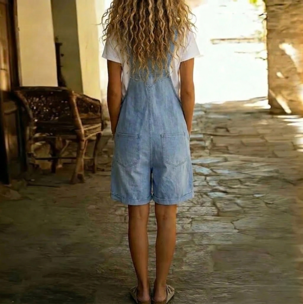 Clara | Vintage soft cotton denim short jumpsuit light blue