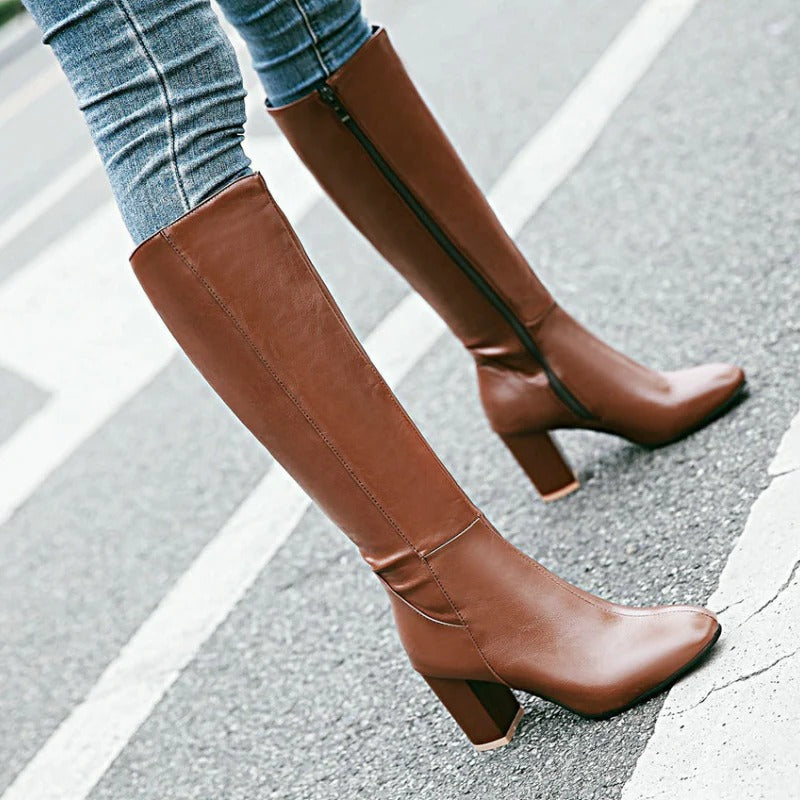 Heeled Knee High Leather-Look Boots with Side Zip