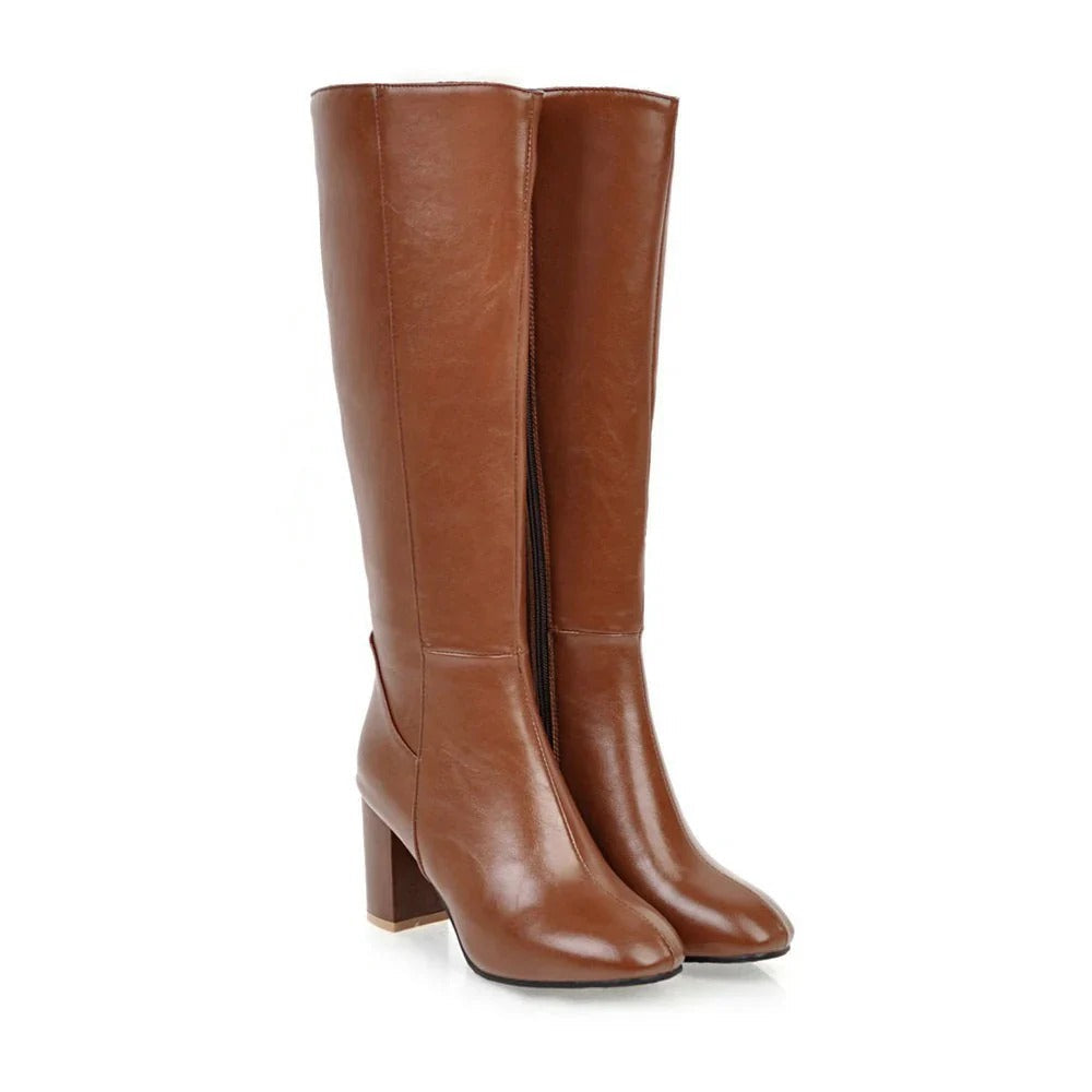 Heeled Knee High Leather-Look Boots with Side Zip
