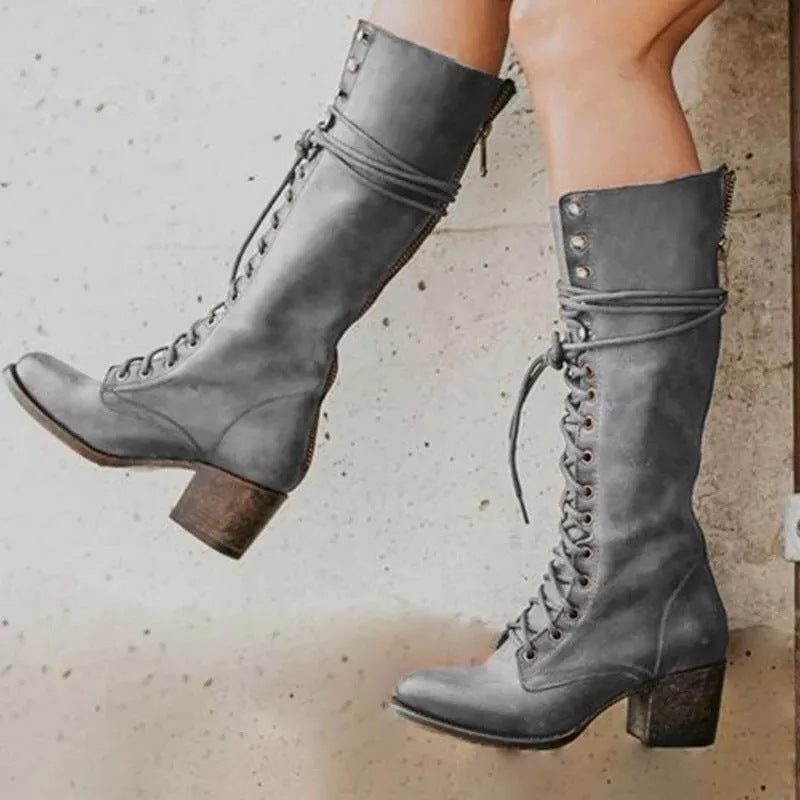 Knee High Lace-Up Leather-Look Boots with Block Heel