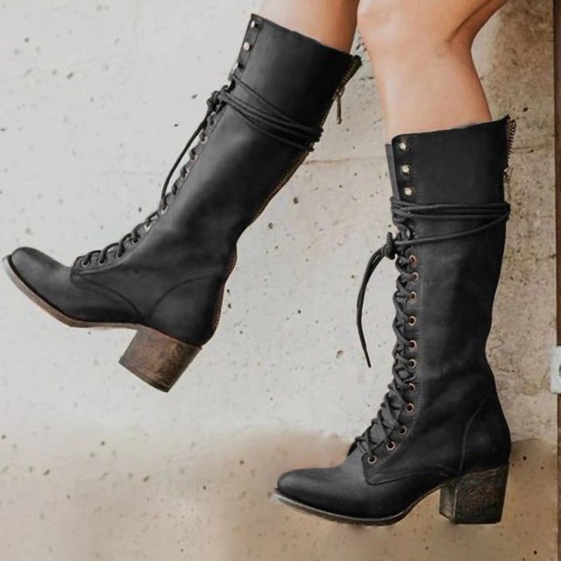 Knee High Lace-Up Leather-Look Boots with Block Heel