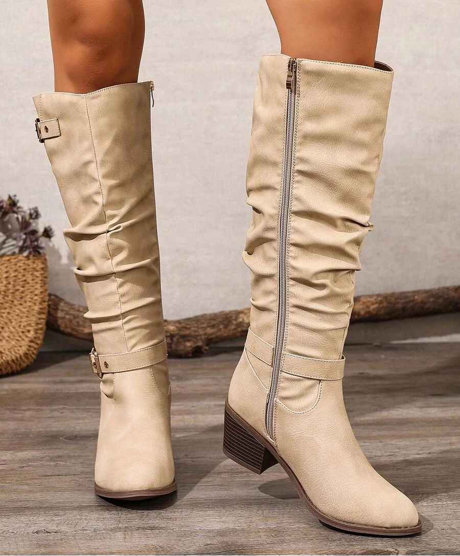 Leather-Look Knee High Boots with Double Buckle and Block Heel