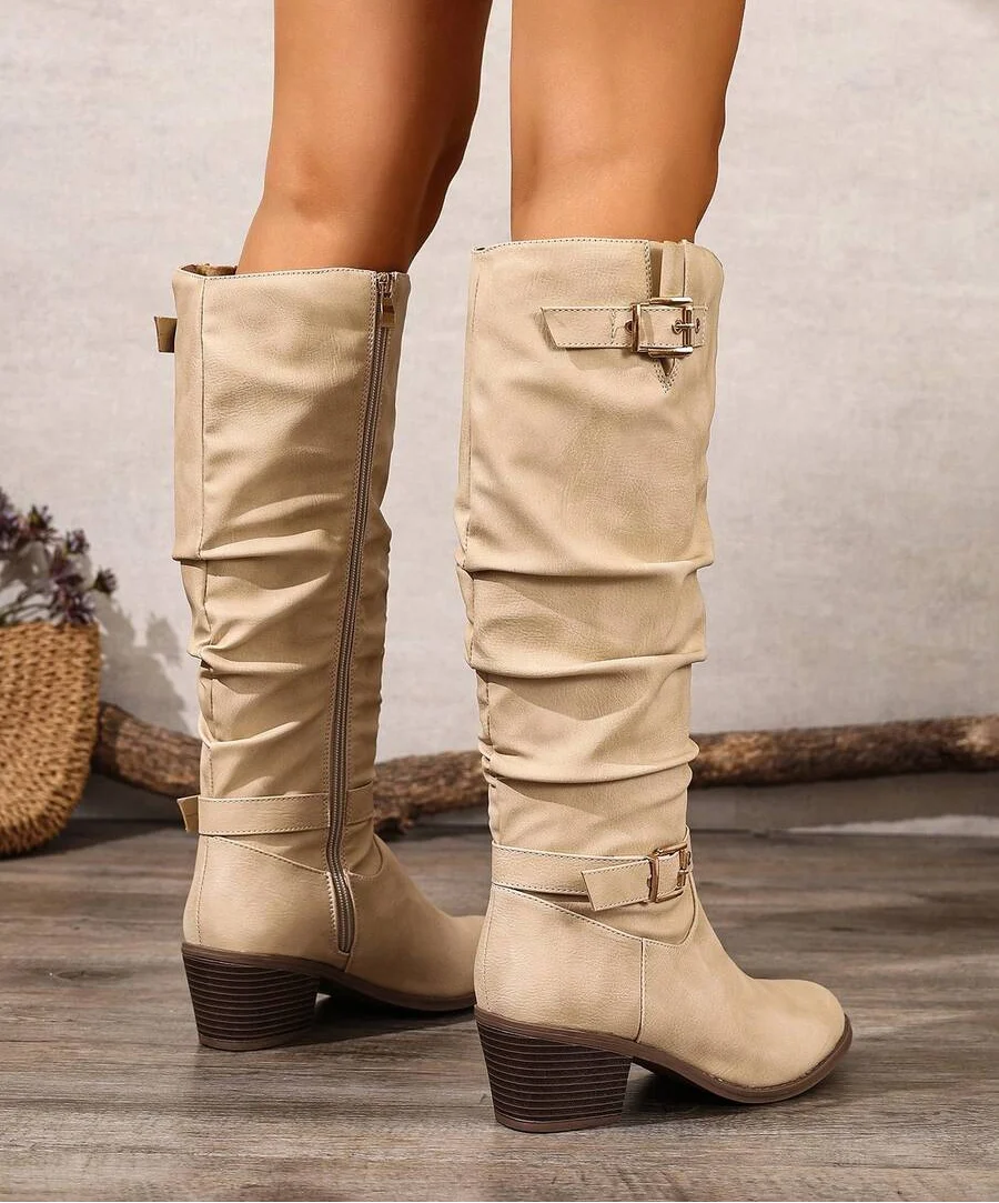 Leather-Look Knee High Boots with Double Buckle and Block Heel