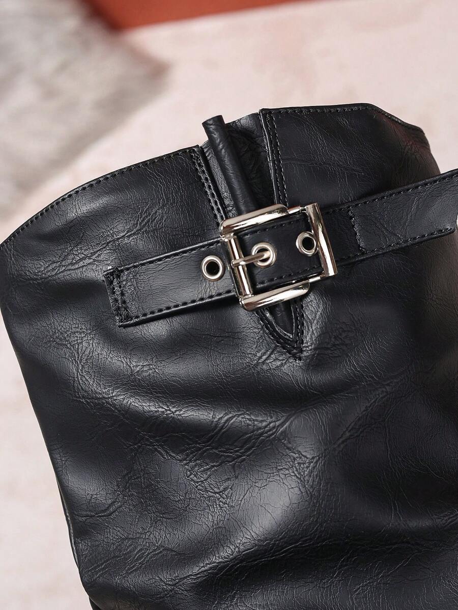 Leather-Look Knee High Boots with Double Buckle and Block Heel