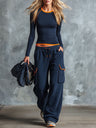 Quinley - Women's Color-Blocked Crop Top and Cargo Pants Set