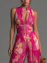 Fuchsia Floral Print Sleeveless Zippered Pleated Wide-leg Chiffon Jumpsuit