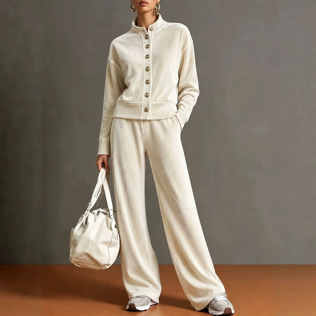 Alberta - Women's Velvet Stand Collar Wide Leg Matching Set
