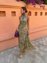 Florence — Long Dress with Low Neckline Flowers Green