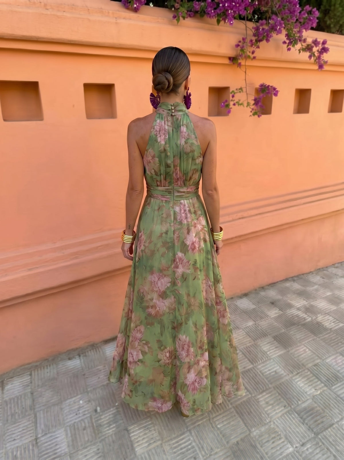 Florence — Long Dress with Low Neckline Flowers Green