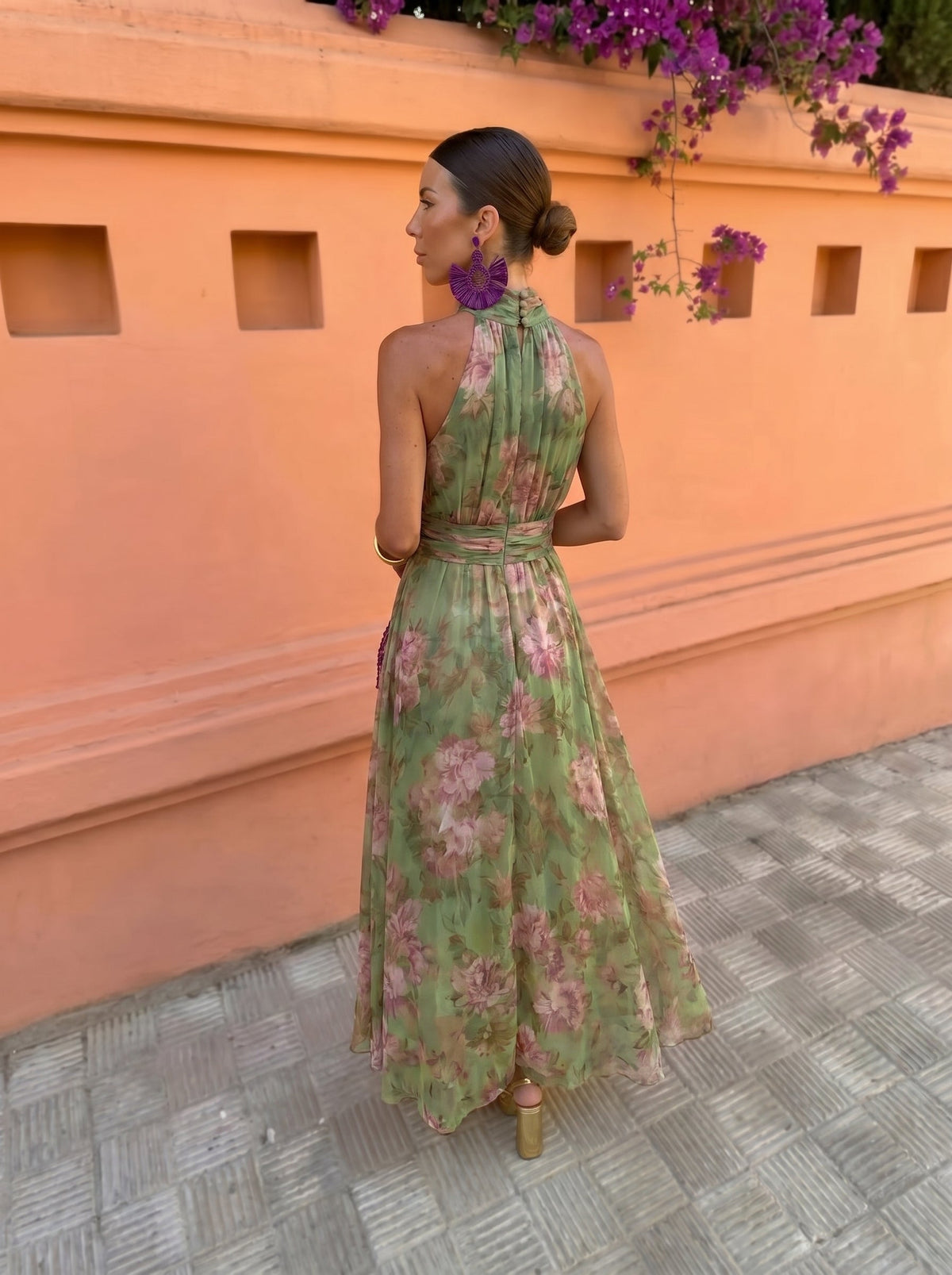 Florence — Long Dress with Low Neckline Flowers Green