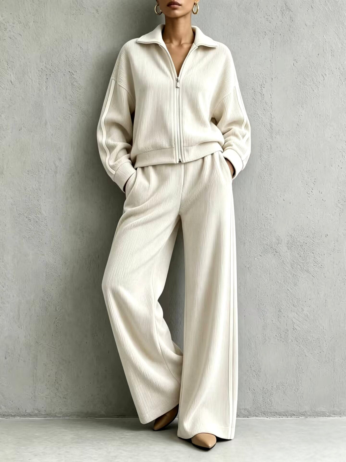Kendall - Women's Ribbed Zip-Up Two-Piece Lounge Set