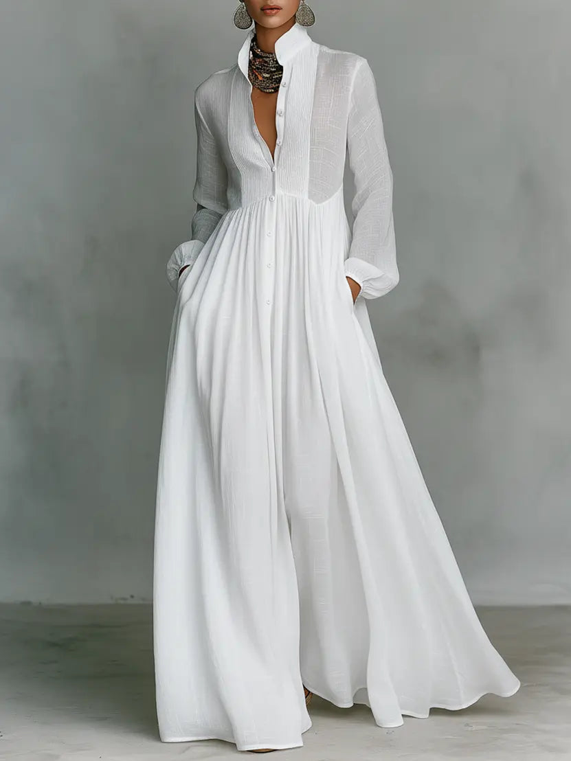 Livia™ | Minimalist Long Dress with Button and Mao Collar