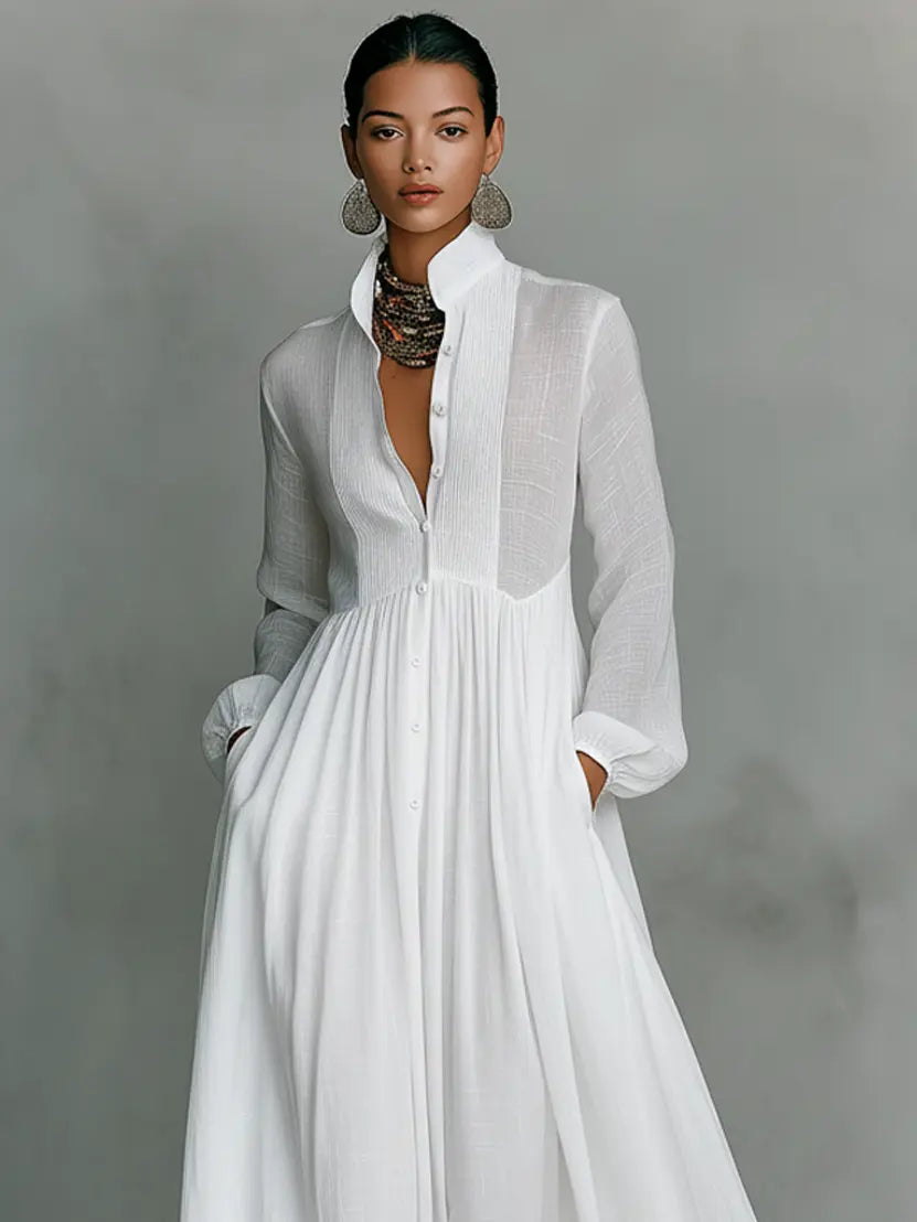 Livia™ | Minimalist Long Dress with Button and Mao Collar
