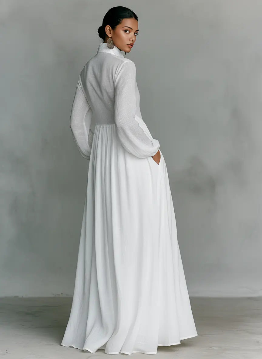 Livia™ | Minimalist Long Dress with Button and Mao Collar