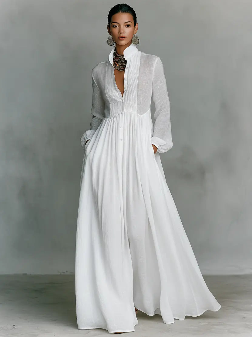 Livia™ | Minimalist Long Dress with Button and Mao Collar