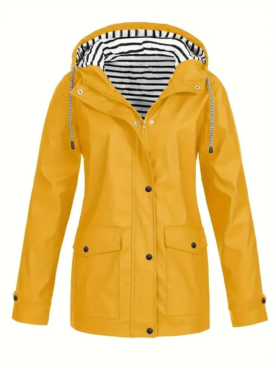 Women's Hooded Striped-Lined Zip-Up Waterproof Rain Coat