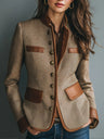 Women's Vintage Herringbone Tweed Leather-Look Trim Button-Front Jacket