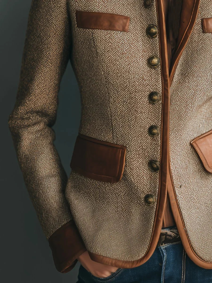 Women's Vintage Herringbone Tweed Leather-Look Trim Button-Front Jacket